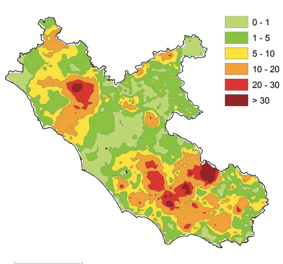 mappa del Radon nel Lazio